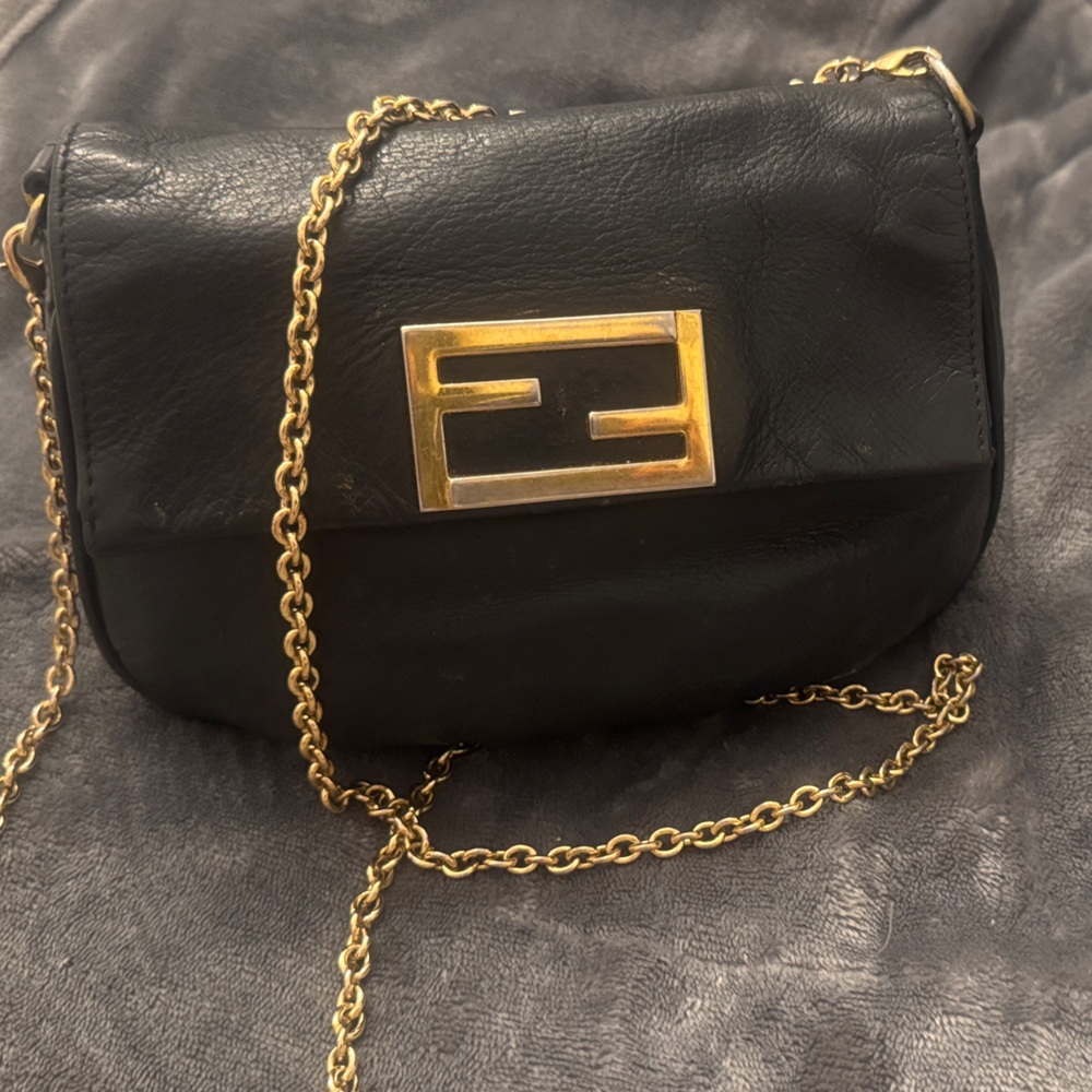 FENDI Sta Black and Gold Crossbody Bag with Chain Detail. Used!